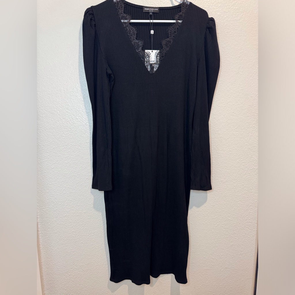 Generation Love Nwt Ribbed Knit V-Neck Lace Trim Black Long Sleeves Dress Sz Xl